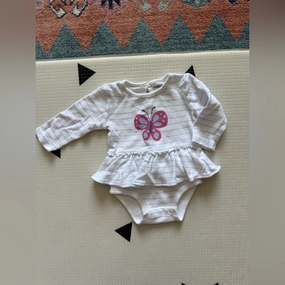 Pekkle|Baby girl soft white striped butterfly print onesie dress in size 6M•••